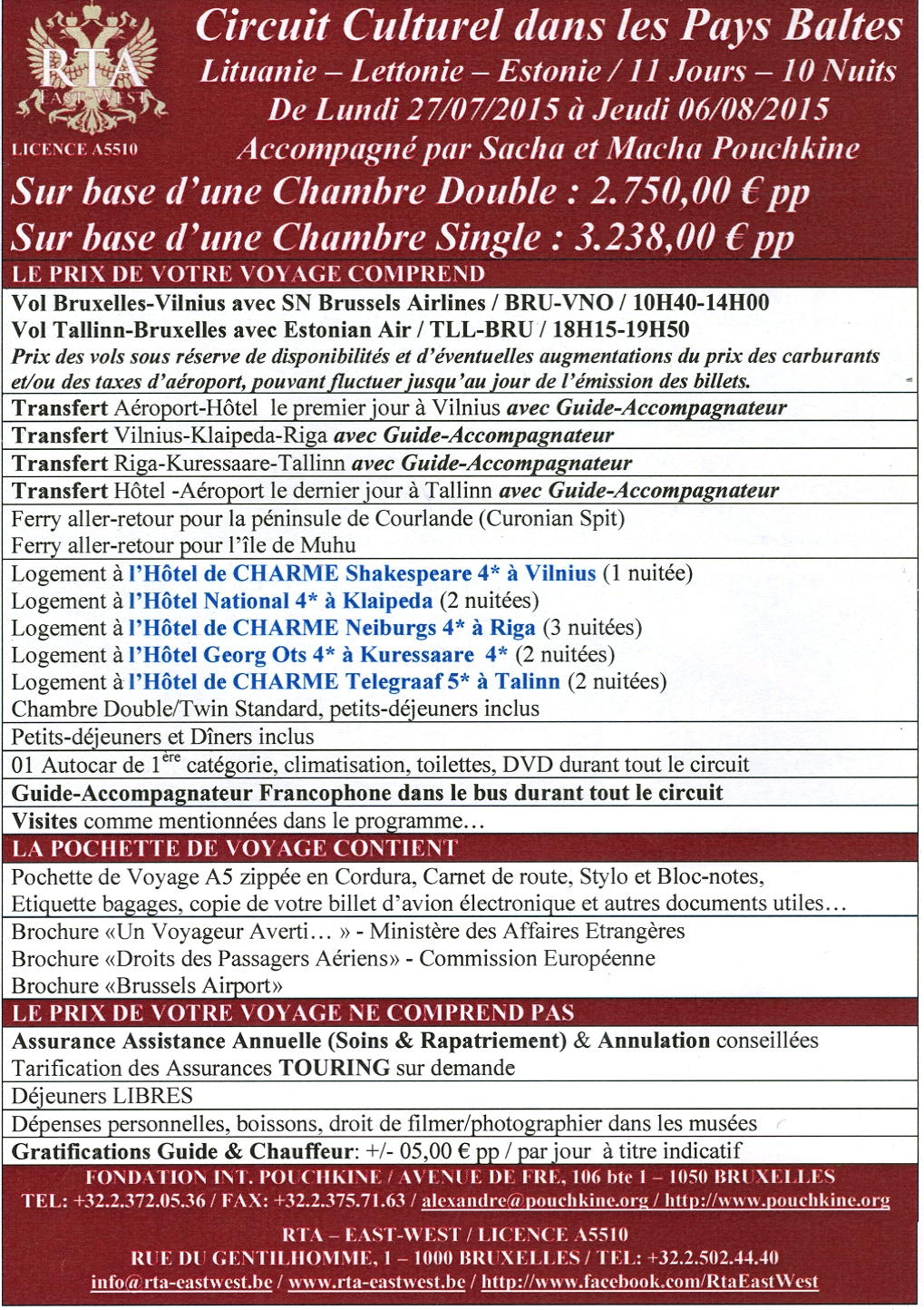 Brochure Couverture 02. Circuit culturel dans les Pays Baltes. Lituanie - Lettonie - Estonie. 2015-07-27